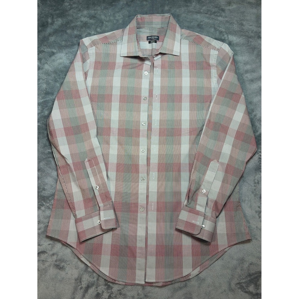 Van Heusen Flex Slim Fit Stretch Plaid Button Down Shirt Red Grey 16 32-33